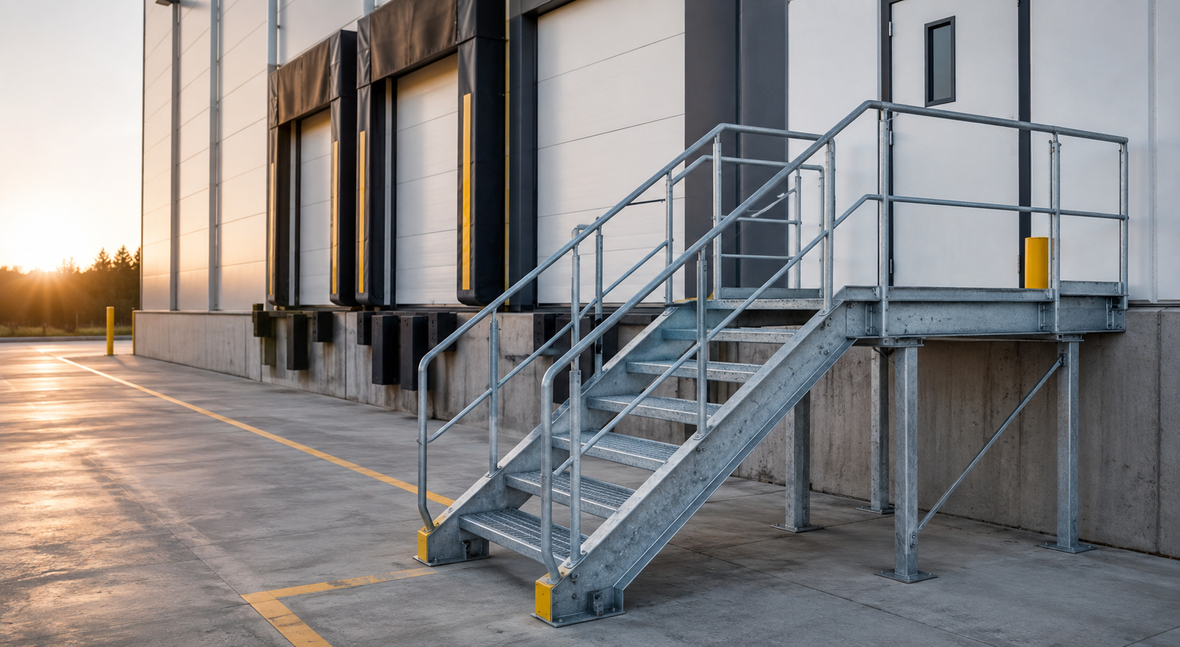 Galvanized loading dock stair system with landing and handrails outside a warehouse dock